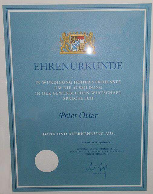 Ehrenurkunde für Peter Otter
